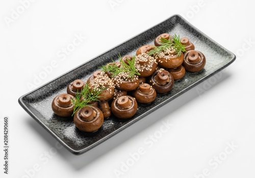 Marinated mushrooms with sesame seeds and dill isolated on white background