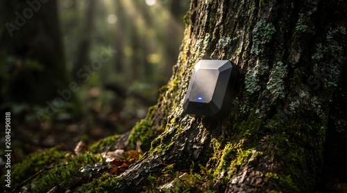 Rugged outdoor electronic device attached to mossy tree trunk in misty forest with sunbeams

