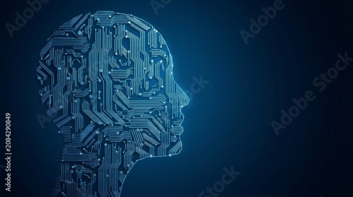 Digital human profile formed by glowing blue circuit board traces representing artificial intelligence and machine learning on a dark background.