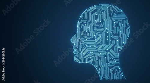 Human profile silhouette formed by glowing blue electronic circuit board patterns representing artificial intelligence and digital consciousness on a dark background