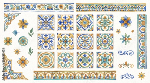 Watercolor decorative Mediterranean tiles elements set. Ornamental design for wrapping paper, textiles, postcards, stationery, borders.