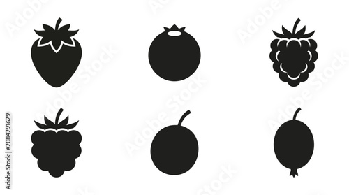 Flat vector icon set featuring six berries: Strawberry, Blueberry, Raspberry, Blackberry, Cranberry, Gooseberry, monochrome solid silhouette