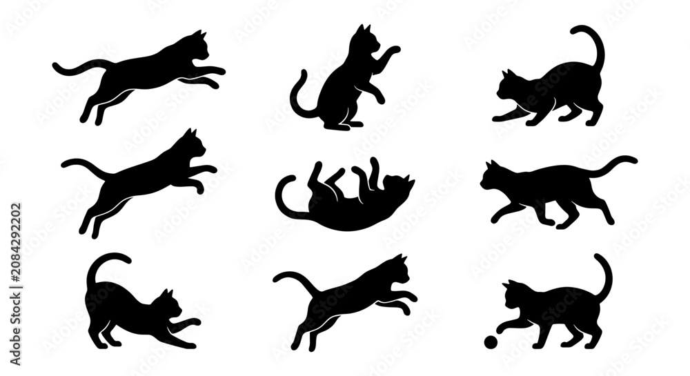 Obraz premium Black Cat Silhouettes Collection, Playful Feline Poses Vector Set, Domestic Animal Icons for Design Projects