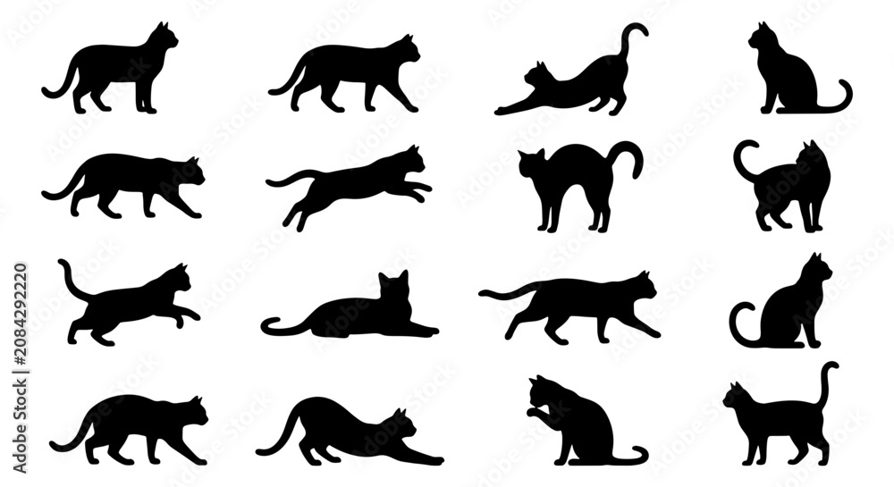 Fototapeta premium Black Cat Silhouettes Collection, Diverse Poses Vector Set, Elegant Feline Icons for Graphic Design and Pet Branding