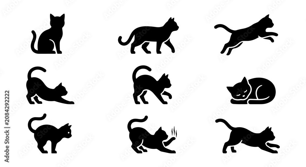 Obraz premium Set of Nine Black Cat Silhouettes, Diverse Poses: Sitting, Walking, Jumping, Stretching, Sleeping, Running, Playing, Vector Icons for Pet Lovers, Animal Graphics