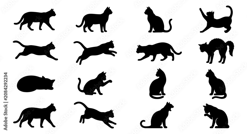 Obraz premium Diverse Cat Silhouettes Collection: 16 Black Feline Poses Vector Set for Graphic Design, Pet Lovers, and Animal Graphics