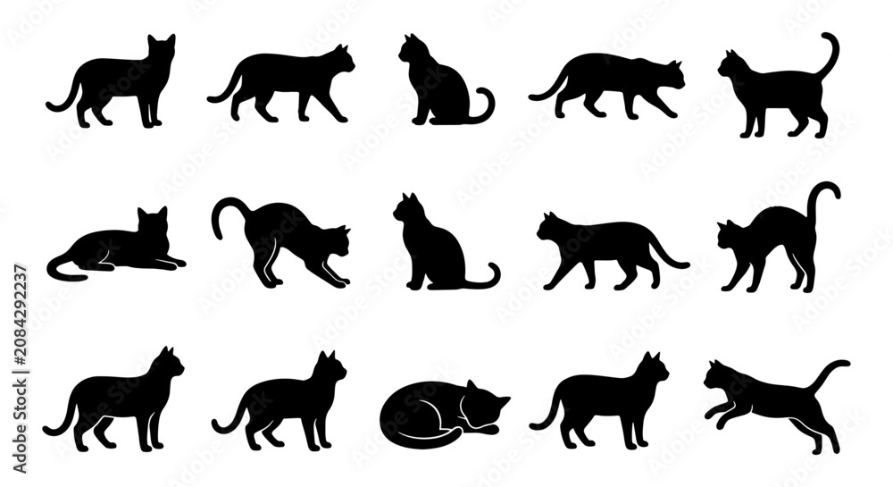 Fototapeta premium Black Cat Silhouettes Vector Set: Diverse Poses, Domestic Feline Icons for Graphic Design, Pet Lovers, and Animal Graphics