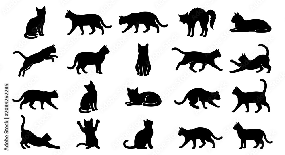 Fototapeta premium Diverse Black Cat Silhouettes Vector Pack, 20 Feline Poses Collection, Elegant Animal Icons for Graphic Design and Pet Branding