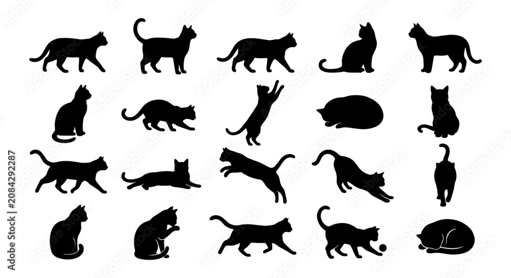 Obraz premium Diverse Cat Silhouettes Collection, 25 Black Feline Poses Vector Art, Domestic Animal Icons for Pet Lovers and Design Projects