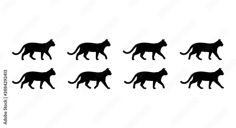 Obraz premium Set of 8 Black Cat Silhouettes, Walking Feline Icons, Minimalist Animal Graphics, Vector Art for Pet Lovers and Wildlife Themes