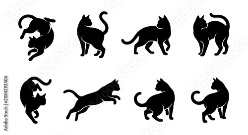 Black Cat Silhouettes Vector Set: Playful Feline Poses, Elegant Domestic Animals, Graphic Elements for Pet Lovers and Design Projects