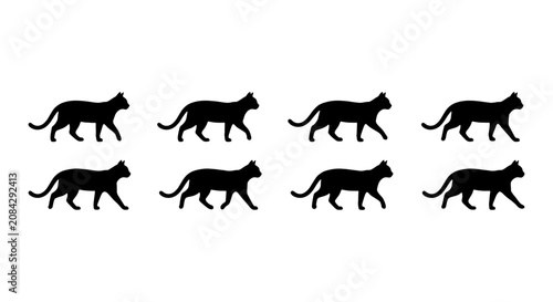 Set of 8 Black Cat Silhouettes, Walking Feline Icons, Minimalist Animal Graphics, Vector Art for Pet Lovers and Wildlife Themes