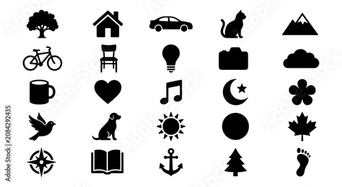 Black Silhouette Icons Set: Nature, Home, Transport, Animals, Symbols, Objects, 25 Vector Graphics for Design