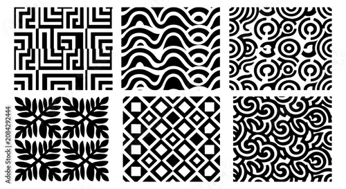 Abstract Geometric Patterns, Six Black and White Vector Textures, Modern Seamless Background Designs, Minimalist Graphic Elements for Digital Art and Print