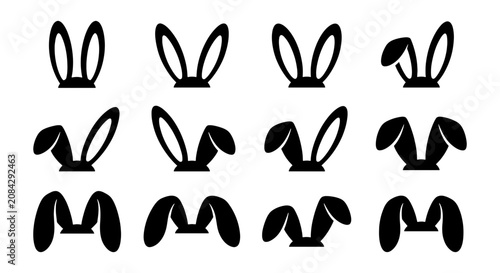 Collection of 12 Black Bunny Ear Icons, Easter Holiday Vector Graphics, Cute Animal Ears Set for Festive Design and Celebration