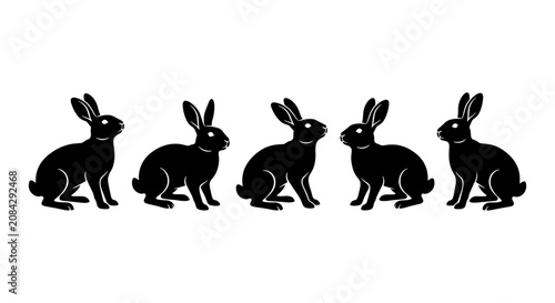 Five Black Silhouette Rabbits, Vector Illustration of Cute Bunny Animals, Simple Minimalist Wildlife Icons for Easter and Spring Designs