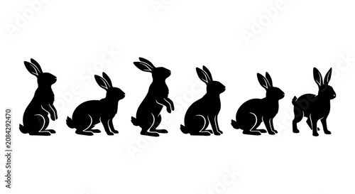Six Black Rabbit Silhouettes, Cute Bunny Icons, Easter Animal Vector Graphics, Spring Wildlife Collection, Simple Mammal Shapes