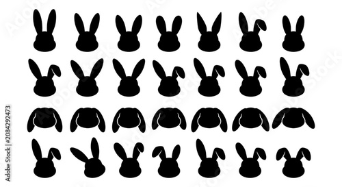 Black Silhouette Bunny Rabbit Heads Vector Set, Cute Easter Animal Icons, Spring Holiday Graphic Elements, Simple Festive Mammal Illustrations