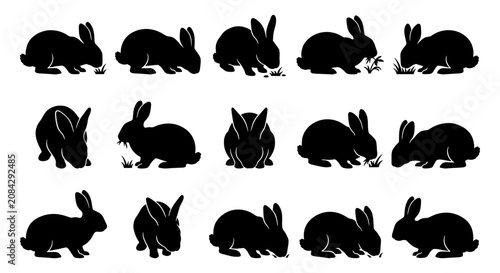Black Silhouette Rabbit Collection, 15 Vector Icons of Bunnies in Various Poses, Cute Animal Graphics for Easter and Spring Designs