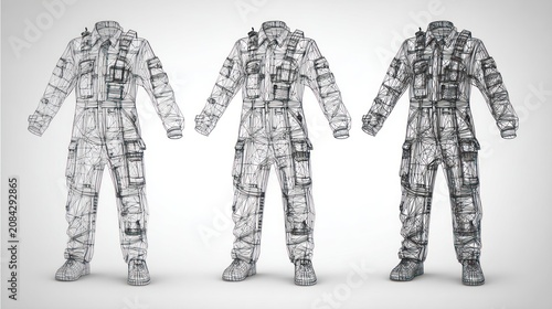 Technical garment mockups design illustrations of protective overalls