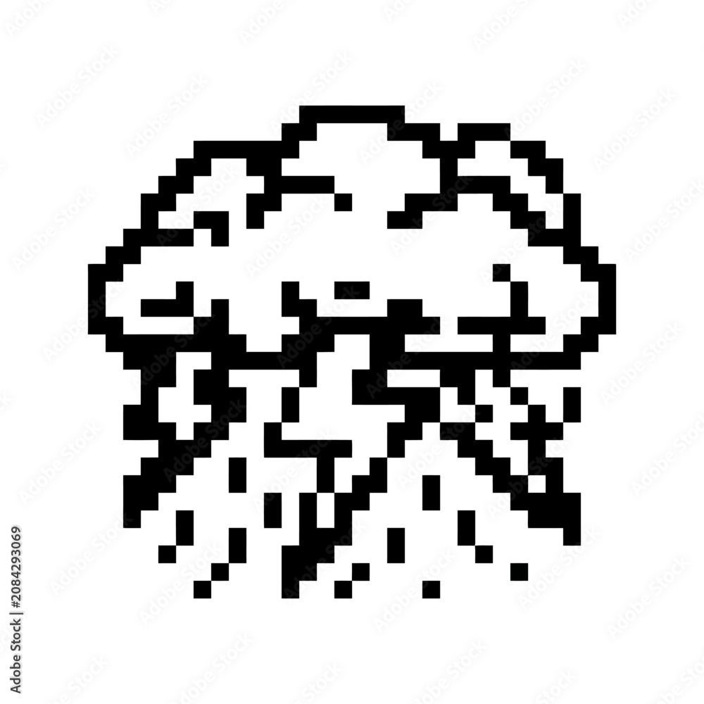Fototapeta premium A simple pixel art illustration of a storm cloud with lightning and rain