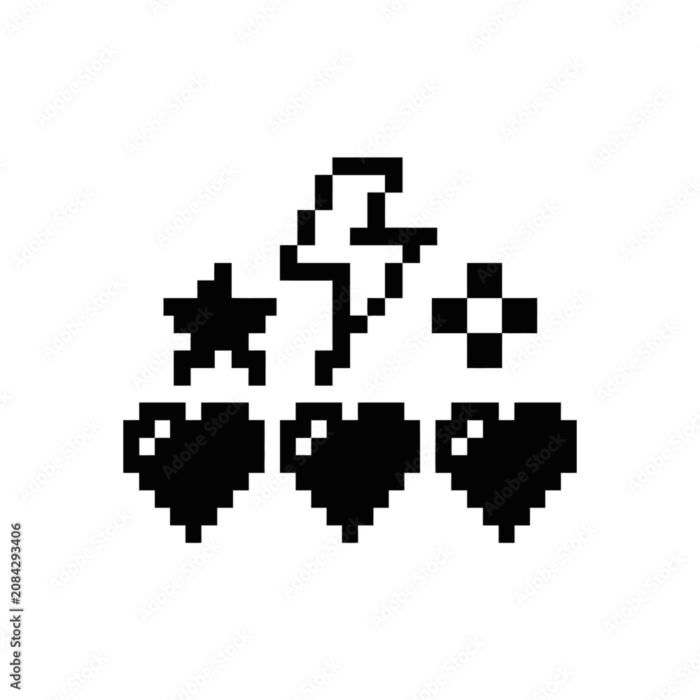 Fototapeta premium A collection of black pixel art icons arranged on a plain white background