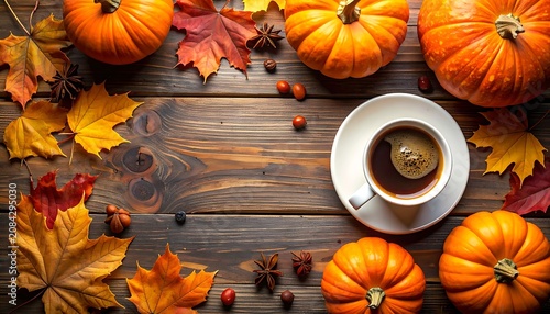 Cozy autumn flat lay with pumpkins, colorful fall leaves, star anise, and a cup of coffee on rustic wooden background, seasonal harvest concept