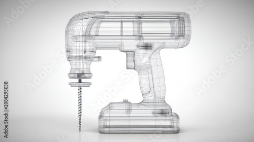 Detailed wireframe illustration of a cordless drill on a white background