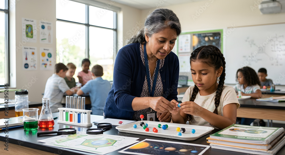 Fototapeta premium A female teacher helping a young girl with a science experiment using molecular models on a tray in a school laboratory