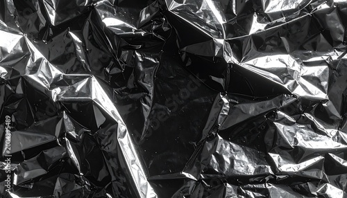 Crushed metallic foil texture, close-up of crumpled reflective silver material, abstract background with sharp highlights and deep shadows, industrial material surface