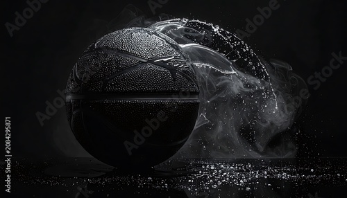 Dark abstract ball with glowing particles and smoke swirling, digital art with dramatic lighting and reflections