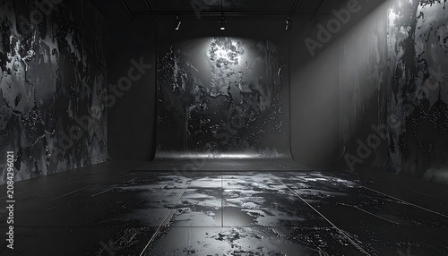 dark abstract textured gallery space with scattered light reflections on floor, moody and atmospheric, modern interior design