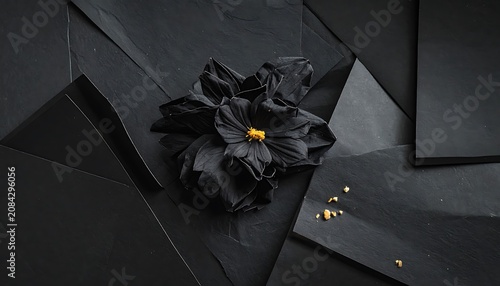 Dark black exotic flower with gold pollen on abstract geometric black paper background, sophisticated floral arrangement