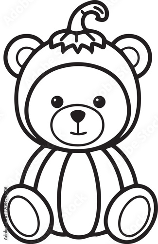 A cute teddy bear dressed in a festive pumpkin costume, perfect for Halloween or autumn-themed projects.