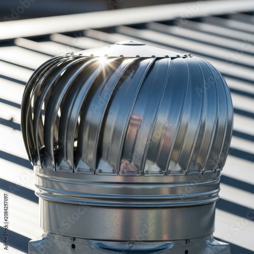 Wind turbine on rooftop glistening in sunlight creating efficiency
