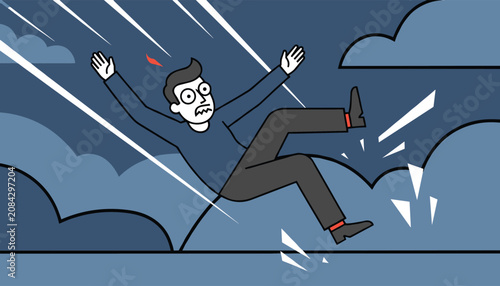 Terrified man falling down through a dark blue stormy sky surrounded by clouds and sharp shards of broken glass.