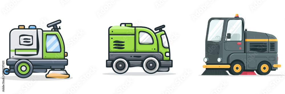 Naklejka premium A sleek industrial floor sweeper machine in a minimalist flat design with solid colors, clear outlines, and a white background showcases its compact and efficient design for urban cleaning tasks