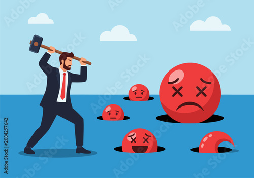Business manager playing whack-a-mole game vector illustration design for corporate strategy background with metaphorical crisis management