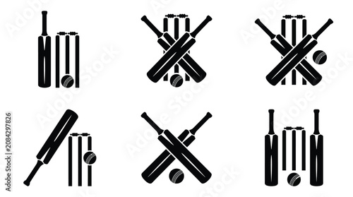 Fényképezés Cricket sport silhouette icon set featuring bats, stumps, and balls for logos, g