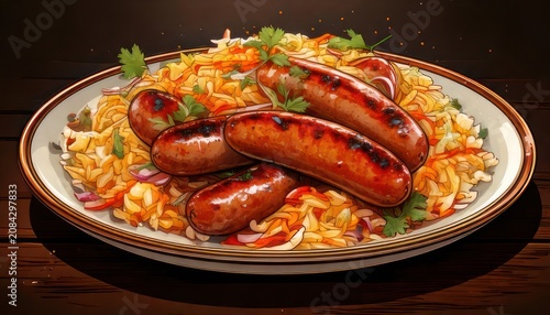 Delicious Grilled Sausages Served Over a Bed of Savory Rice Pilaf.