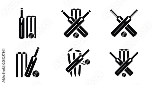 Vászonkép Cricket sport silhouette icon set featuring bats, stumps, and balls for logos, g