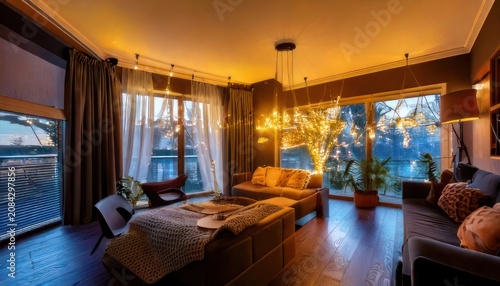 Cozy Living Room with Warm Lighting and Scenic Views at Dusk.