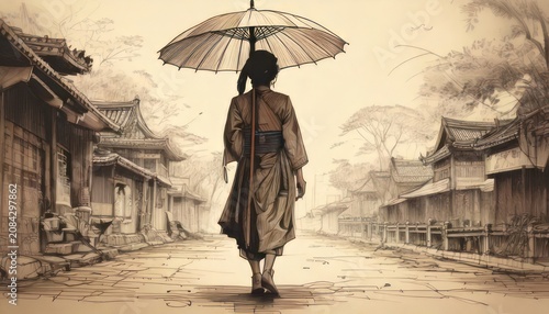 Woman in Traditional Japanese Kimono Walking Under an Umbrella on a Rainy Street.