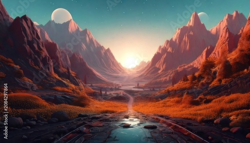 Majestic Mountain Valley Landscape at Sunset with Flowing River.