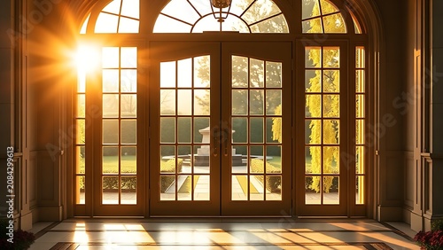 Elegant double doors bathed in golden hour light, framing a serene garden view.