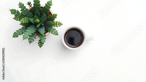 Minimalist desk setup with a coffee cup and small plant in a clean top-down view.