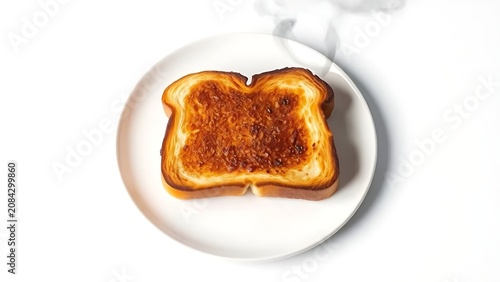 A single piece of charred toast on a white plate with a faint trail of dark smoke.