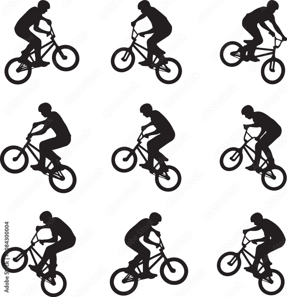Obraz premium BMX bike rider silhouettes, set of 9 extreme sports bicycle stunts, black mountain bike cycling icons, urban freestyle biking vector graphics