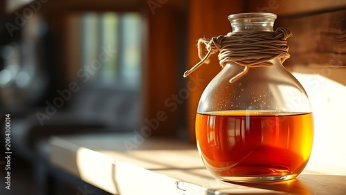 Glass demijohn with wicker wrapping on wooden shelf, amber liquid illuminated by soft light.