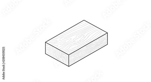 Isometric perspective of a solid rectangular wooden block, detailed with natural wood grain patterns in a clean sketch.